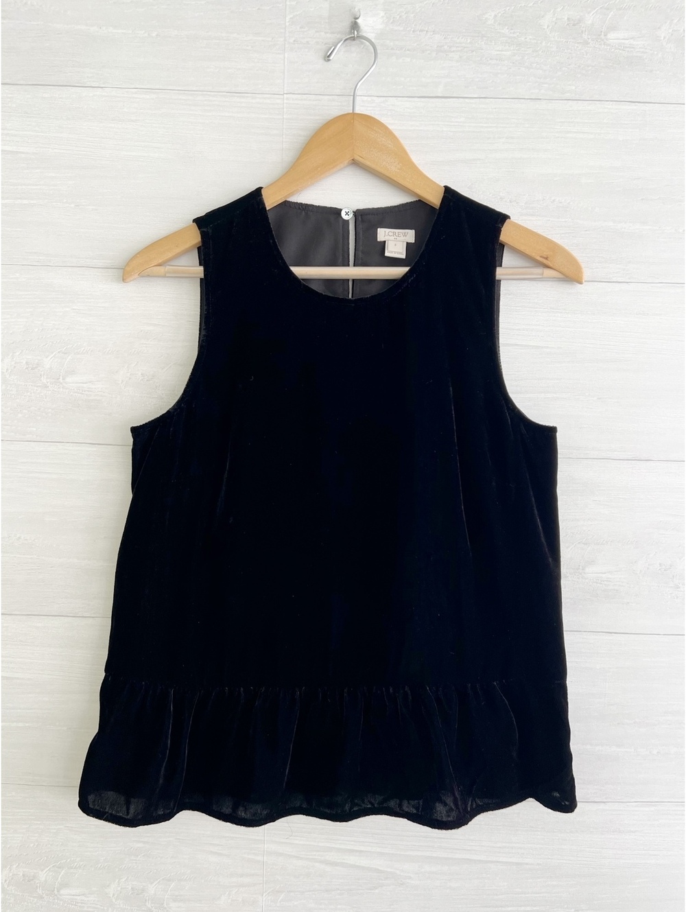 J.Crew Black Velvet Peplum Top Womens 2 Sleeveless Ruffle Hem H1182 Holiday